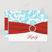 AFDRUKTE RIBBON Aqua, White, Red Damask RSVP-kaart RSVP Kaartje (Voorkant / Achterkant)