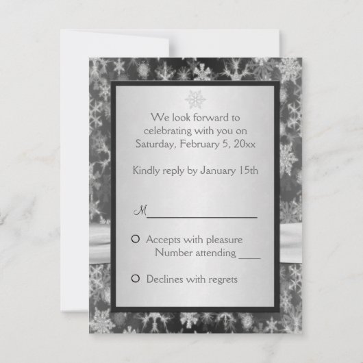 AFDRUKTE RIBBON Black, Silver Snowflakes Reply Car RSVP Kaartje (Achterkant)