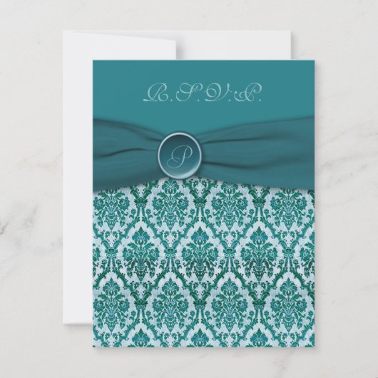 AFDRUKTE RIBBON  Blauwgroen Damask Reply Card RSVP Kaartje (Voorkant)