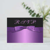 AFDRUKTE RIBBON Paars, zwarte reactiekaart RSVP Kaartje (Staand voorkant)