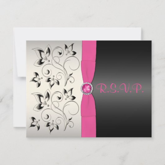 AFDRUKTE RIBBON Pink Black Silver Floral Reply Car RSVP Kaartje (Voorkant)