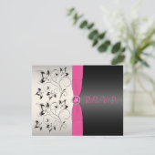 AFDRUKTE RIBBON Pink Black Silver Floral Reply Car RSVP Kaartje (Staand voorkant)