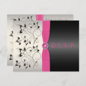 AFDRUKTE RIBBON Pink Black Silver Floral Reply Car RSVP Kaartje (Voorkant / Achterkant)