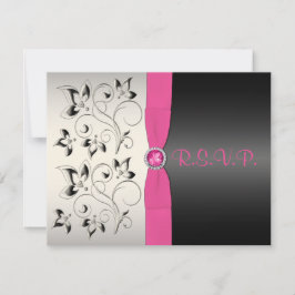 AFDRUKTE RIBBON Pink Black Silver Floral Reply Car RSVP Kaartje