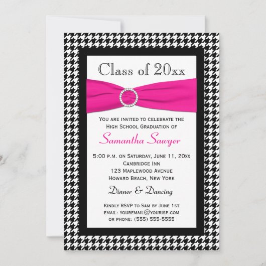 AFDRUKTE RIBBON Pink Black White Afstuderen Invite Kaart (Voorkant)