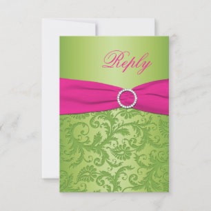 AFDRUKTE RIBBON Pink, Green Damask Reply Card RSVP Kaartje