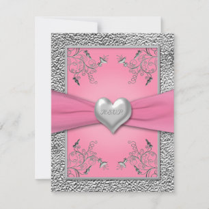 AFDRUKTE RIBBON Pink, Pewter Heart RSVP-kaart RSVP Kaartje