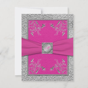 AFDRUKTE RIBBON Raspberry Pink, Pewter RSVP-kaart RSVP Kaartje
