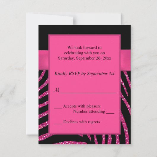 AFDRUKTE RIBBON Zebra Pink FAUX Glitter RSVP-kaart RSVP Kaartje (Achterkant)