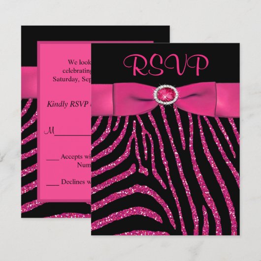 AFDRUKTE RIBBON Zebra Pink FAUX Glitter RSVP-kaart RSVP Kaartje (Voorkant / Achterkant)