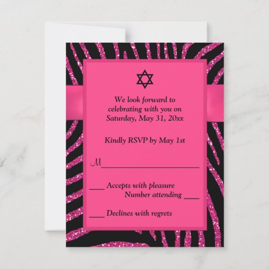 AFDRUKTE RIBBON-Zebra, roze FAUX Glitter RSVP-kaar Kaart (Achterkant)