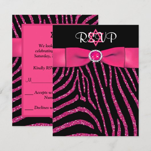 AFDRUKTE RIBBON-Zebra, roze FAUX Glitter RSVP-kaar Kaart (Voorkant / Achterkant)