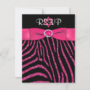 AFDRUKTE RIBBON-Zebra, roze FAUX Glitter RSVP-kaar Kaart