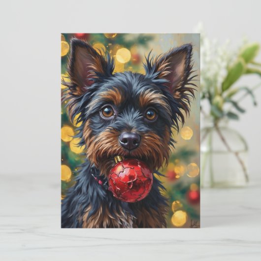 Affenpinscher Dog with Christmas Ornament Feestdagenkaart (Staand voorkant)