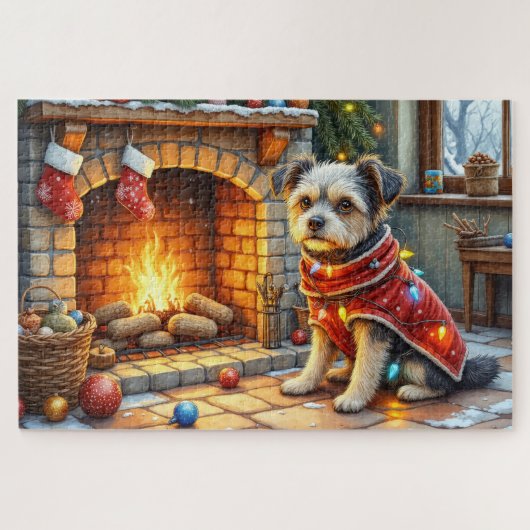 Affenpinscher hond bij knusse kersthaard legpuzzel (Horizontaal)