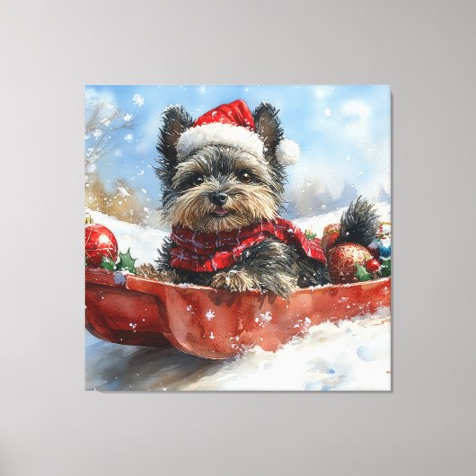 Affenpinscher Hond in Sledge Laat het Sneeuw Kerst Canvas Afdruk (Voorkant)