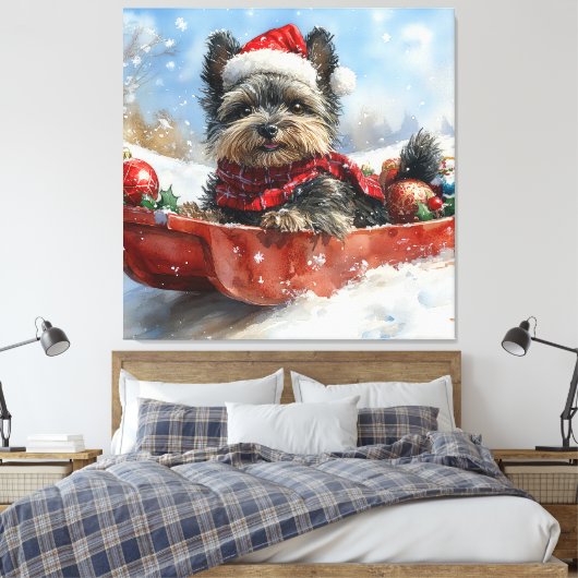 Affenpinscher Hond in Sledge Laat het Sneeuw Kerst Canvas Afdruk (Insitu (Slaapkamer))