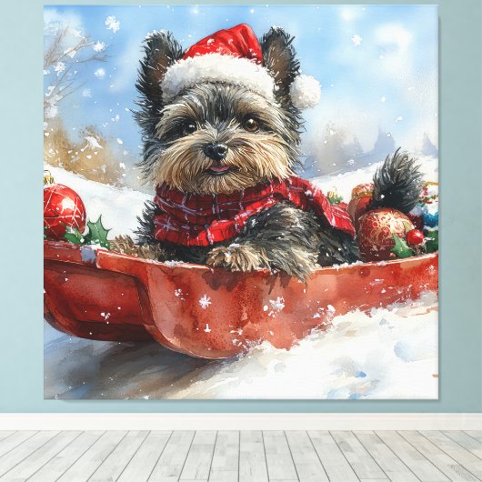 Affenpinscher Hond in Sledge Laat het Sneeuw Kerst Canvas Afdruk (Insitu (Houten vloer))