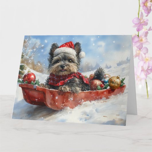 Affenpinscher Hond in Sledge Laat het Sneeuw Kerst Kaart (Orchidee)
