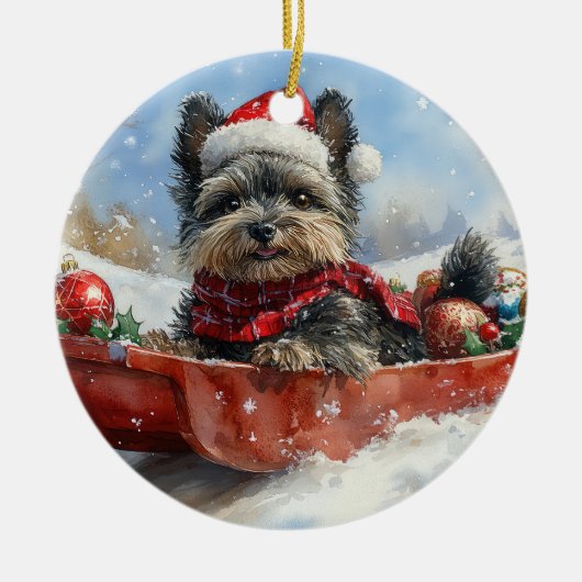 Affenpinscher Hond in Sledge Laat het Sneeuw Kerst Keramisch Ornament (Voorkant)