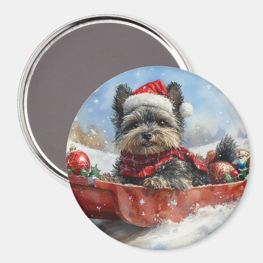 Affenpinscher Hond in Sledge Laat het Sneeuw Kerst Magneet (Voorkant / Achterkant)