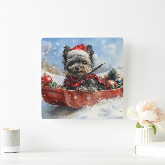 Affenpinscher Hond in Sledge Laat het Sneeuw Kerst Vierkante Klok (Huis)