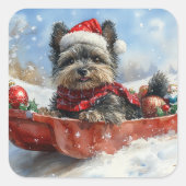 Affenpinscher Hond in Sledge Laat het Sneeuw Kerst Vierkante Sticker (Voorkant)