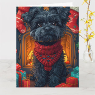Affenpinscher hond met kerstcadeaus open haard kaart