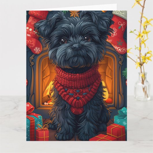 Affenpinscher hond met kerstcadeaus open haard kaart (Gele Bloem)