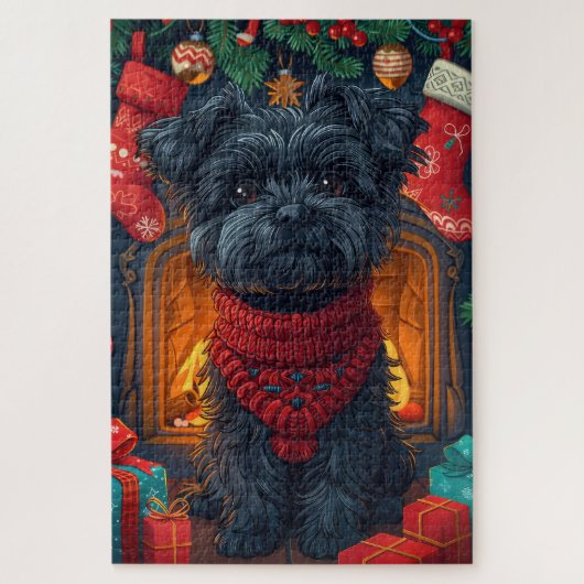 Affenpinscher hond met kerstcadeaus open haard legpuzzel (Verticaal)