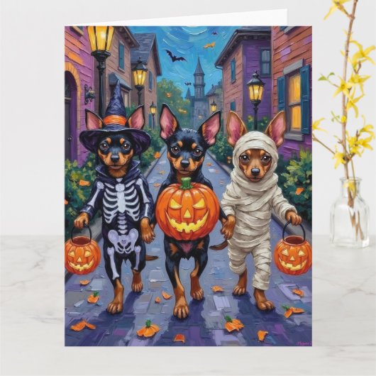 Affenpinscher Honden Trick-or-Treating in Hallowee Kaart (Gele Bloem)