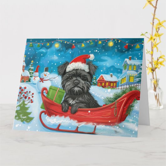 Affenpinscher in slee met sneeuw Kerstmis Kaart (Gele Bloem)