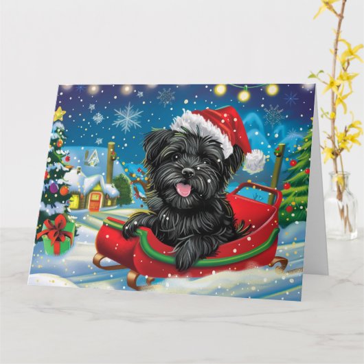 Affenpinscher in Sleigh Snow Kerstmis Kaart (Gele Bloem)