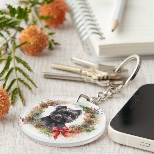 Affenpinscher Kerstkrans feestelijke pup Sleutelhanger (Voorkant Rechts)