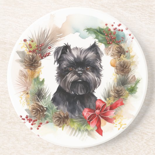Affenpinscher Kerstkrans feestelijke pup Zandsteen Onderzetter (Voorkant)