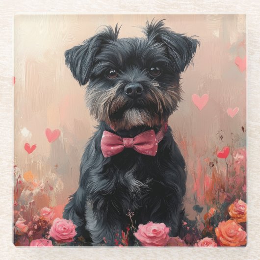 Affenpinscher met Rozen - Valentijnsdag Glazen Onderzetter (Voorkant)