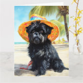 Affenpinscher op strand, zomercadeau voor hondenli kaart (Gele Bloem)