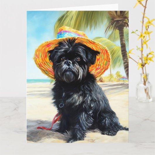 Affenpinscher op strand, zomercadeau voor hondenli kaart (Gele Bloem)