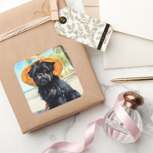 Affenpinscher op strand, zomercadeau voor hondenli vierkante sticker (Geschenken)