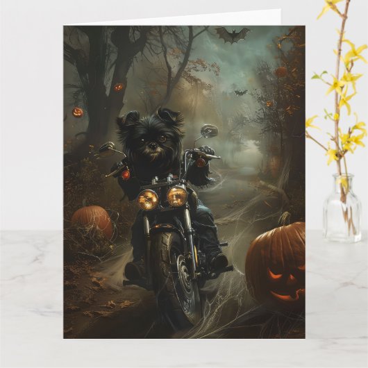Affenpinscher Rijden Motorfiets Halloween Eng Kaart (Gele Bloem)