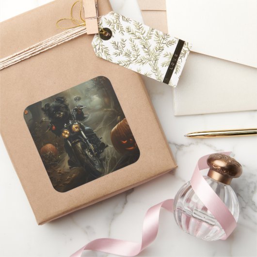 Affenpinscher Rijden Motorfiets Halloween Eng Vierkante Sticker (Geschenken)