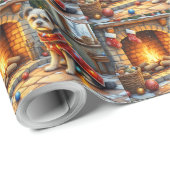 Affenpinscher Sitting Fireplace Christmas Lights Cadeaupapier (Rol Hoek)