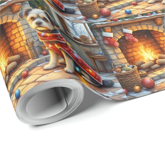 Affenpinscher Sitting Fireplace Christmas Lights Cadeaupapier (Rol Hoek)