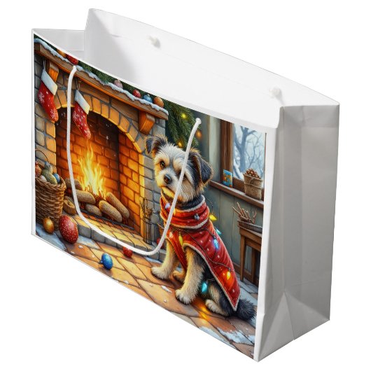 Affenpinscher Sitting Fireplace Christmas Lights Groot Cadeauzakje (Voorkant Gekanteld)