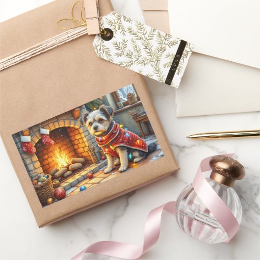 Affenpinscher Sitting Fireplace Christmas Lights Rechthoekige Sticker (Geschenken)