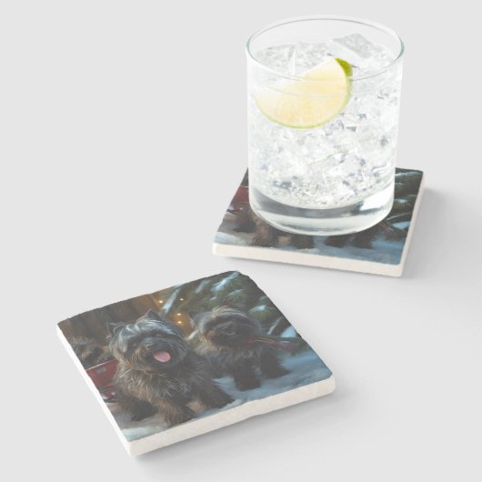 Affenpinscher Snowy Sleigh Ride Kerstdecoratie Stenen Onderzetter (Zijkant)