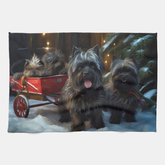 Affenpinscher Snowy Sleigh Ride Kerstdecoratie Theedoek (Horizontaal)