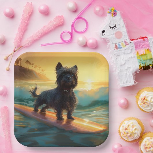 Affenpinscher Strand Surfen Schilderij Papieren Bordje (Feest)