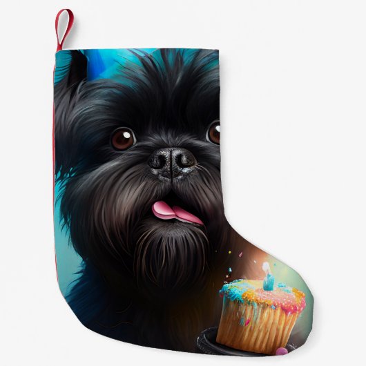 Affenpinscher viert Birthday Balloons cake Kleine Kerstsok (Voorkant)