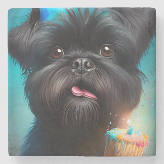 Affenpinscher viert Birthday Balloons cake Stenen Onderzetter (Voorkant)